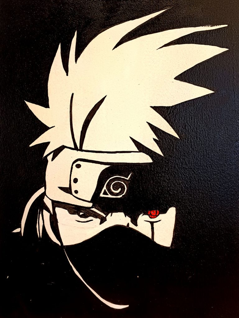 Retrato de Kakashi con Sharingan en rojo en estilo stencil sobre fondo negro