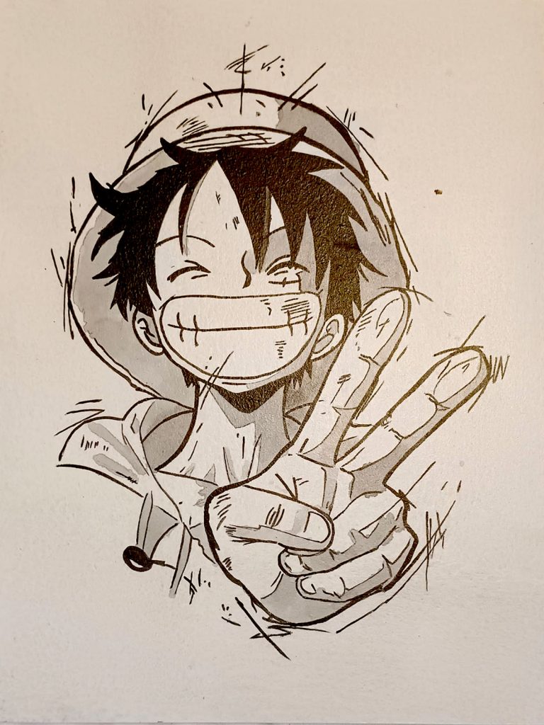 Ilustración en blanco y negro de Luffy de One Piece sonriendo y haciendo el gesto de la paz