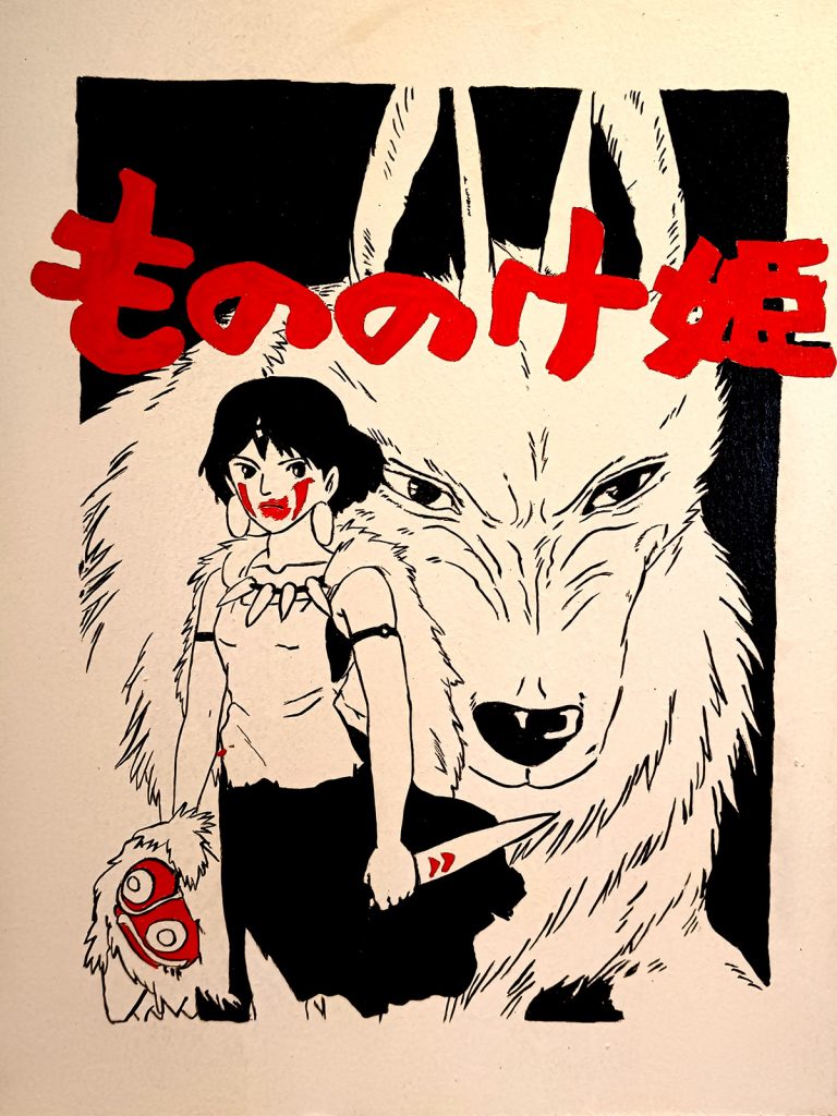 Ilustración de San de La Princesa Mononoke junto a lobo blanco con estética anime