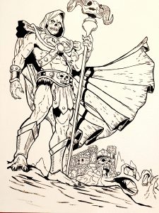 Ilustración de Skeletor con bastón y calavera en estilo cómic en blanco y negro