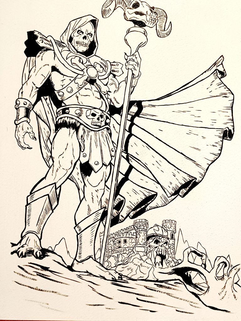 Ilustración de Skeletor con bastón y calavera en estilo cómic en blanco y negro