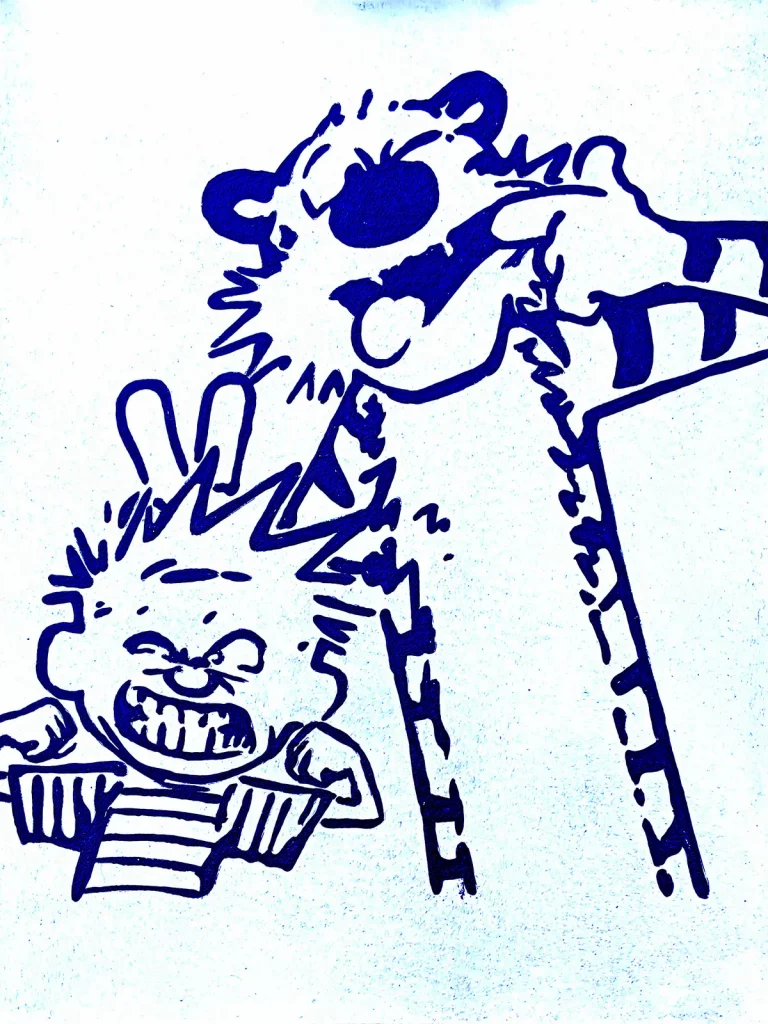 Calvin y Hobbes dibujo en blanco y negro escena humorística
