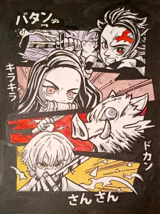 Personajes de Demon Slayer en composición estilo manga con fondo rojo y amarillo