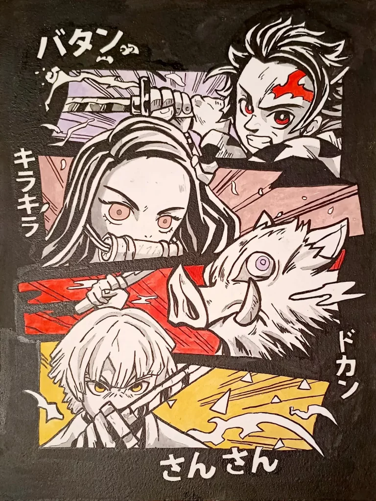 Personajes de Demon Slayer en composición estilo manga con fondo rojo y amarillo