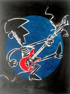Fito Cabrales tocando guitarra en estilo caricatura con fondo azul
