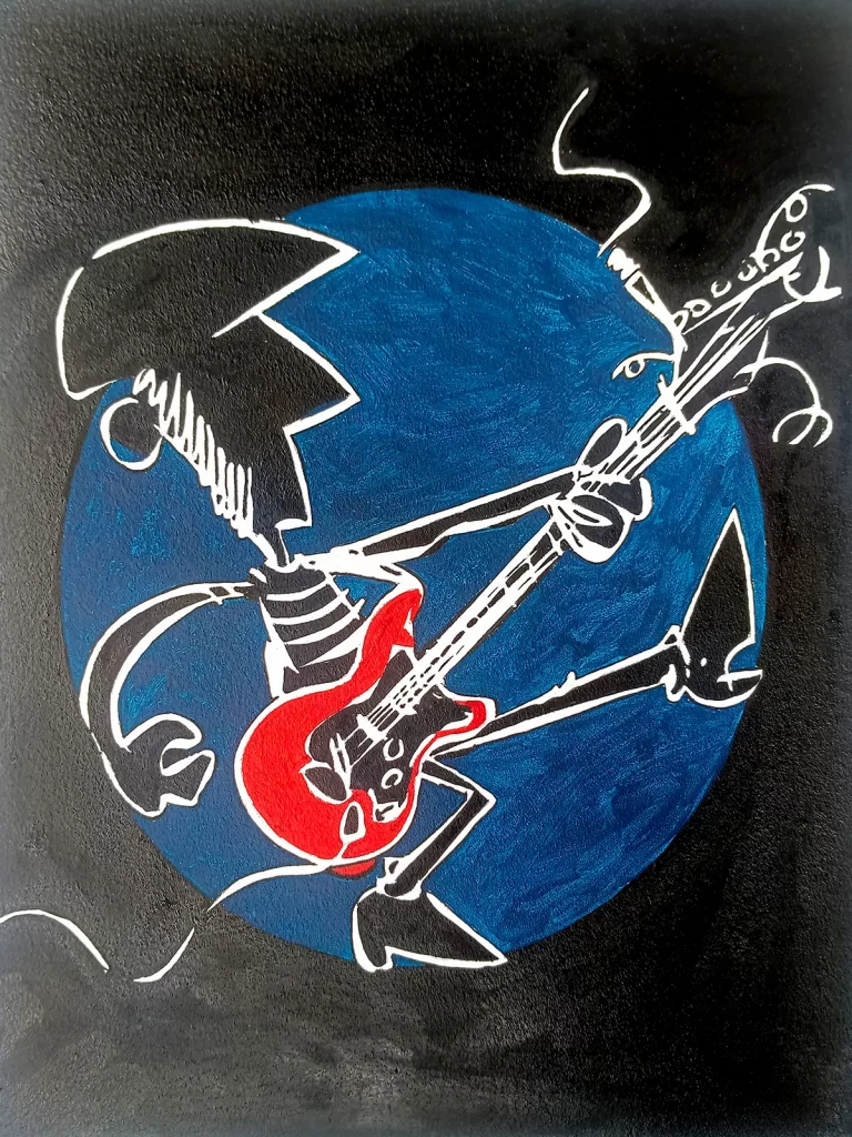Fito Cabrales tocando guitarra en estilo caricatura con fondo azul