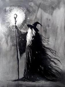 Gandalf con bastón iluminado en blanco y negro estilo oscuro