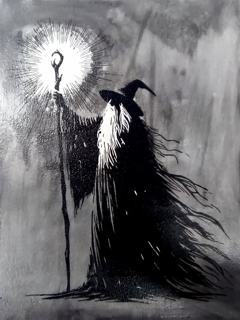 Gandalf con bastón iluminado en blanco y negro estilo oscuro