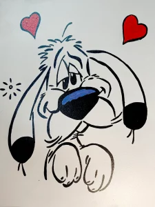 Ideafix de Asterix con expresión enamorada y corazones