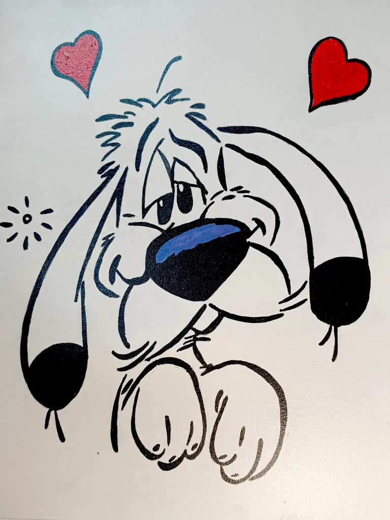 Ideafix de Asterix con expresión enamorada y corazones