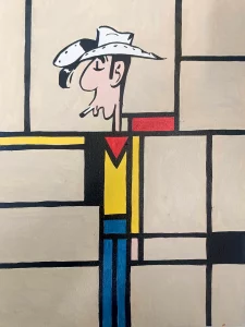 Lucky Luke reinterpretado en estilo Mondrian con líneas negras y colores primarios
