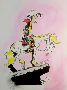 Lucky Luke montando su caballo Jolly Jumper en estilo cómic