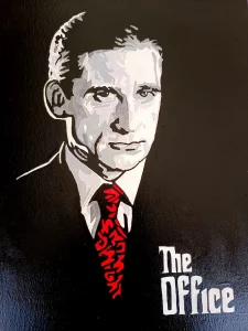Michael Scott The Office ilustración en blanco y negro con corbata roja