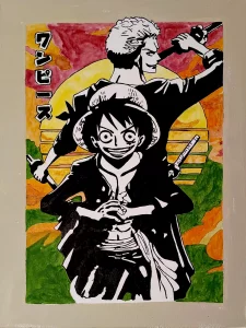 Luffy y Zoro dibujo estilo anime con fondo de atardecer