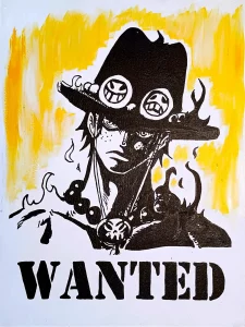 Portgas D Ace estilo Wanted con fondo amarillo y llamas