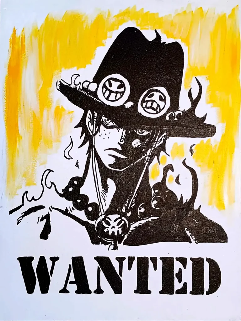 Portgas D Ace estilo Wanted con fondo amarillo y llamas