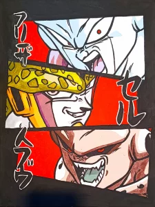 Freezer Cell y Majin Buu en composición manga con fondo rojo