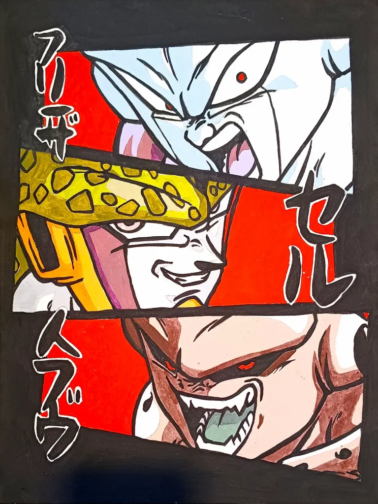 Freezer Cell y Majin Buu en composición manga con fondo rojo