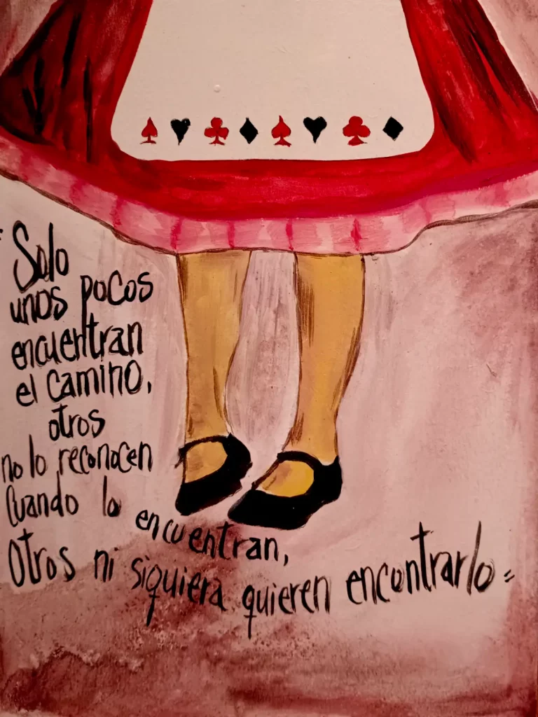 Ilustración inspirada en Alicia en el País de las Maravillas con mensaje sobre encontrar el propio camino