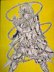 Andrómeda de Virgo con armadura y cadenas en ilustración inspirada en Los Caballeros del Zodiaco