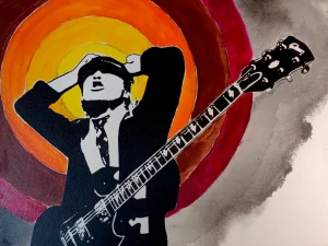 Cuadro de Angus Young con guitarra eléctrica, silueta en blanco y negro sobre círculos concéntricos de colores cálidos.