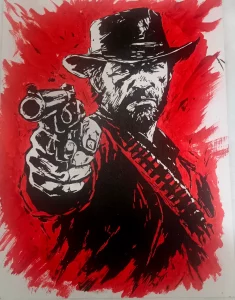 Arthur Morgan apuntando con un revólver en ilustración de alto contraste rojo, negro y blanco inspirada en Red Dead Redemption 2.