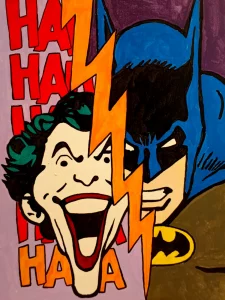 Batman y Joker enfrentados en estilo pop art cómic, separados por un rayo amarillo sobre fondo de colores vivos.