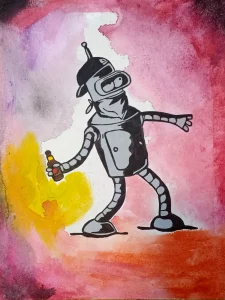 Bender de Futurama sosteniendo una botella sobre fondo de colores acuarelados