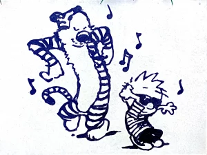 Calvin y Hobbes bailando entre notas musicales en dibujo minimalista inspirado en la tira cómica Calvin y Hobbes.