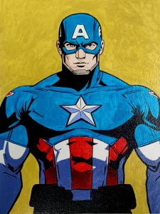 Retrato de Capitán América con uniforme azul y escudo sobre fondo amarillo