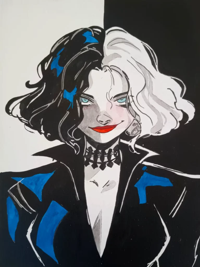 Retrato de Cruella de Vil en blanco y negro con detalles azules y labios rojos pintado a mano