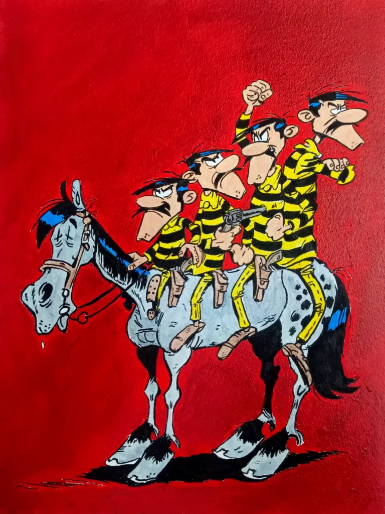 Los hermanos Dalton montados sobre un caballo en una ilustración inspirada en Lucky Luke