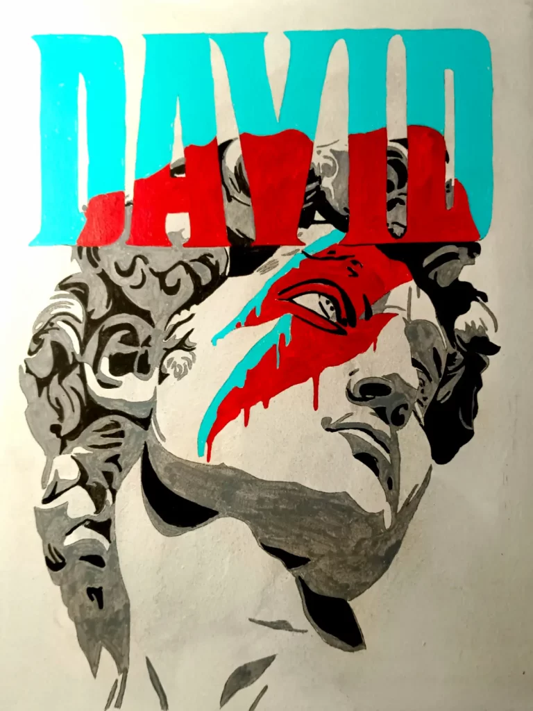 Fusión artística entre el David de Miguel Ángel y David Bowie con el maquillaje de Aladdin Sane en tonos rojo, azul y gris.