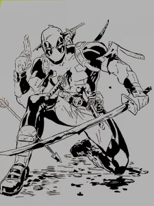 Cuadro de Deadpool en blanco y negro con katanas y pistolas en pose de combate.