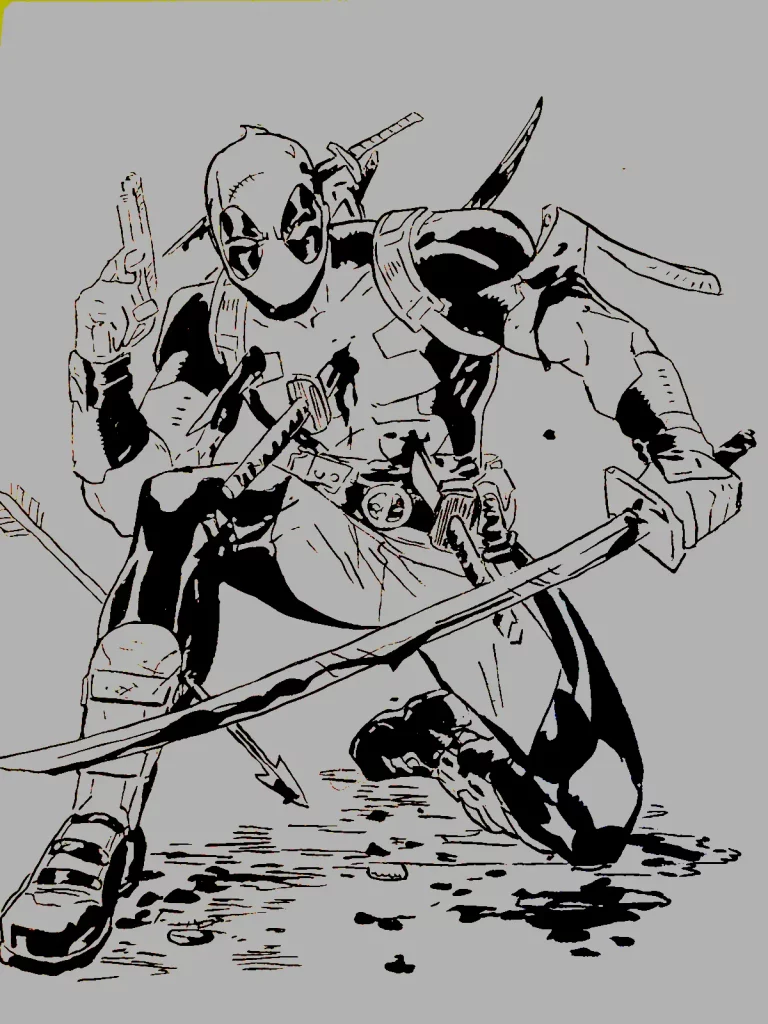 Cuadro de Deadpool en blanco y negro con katanas y pistolas en pose de combate.