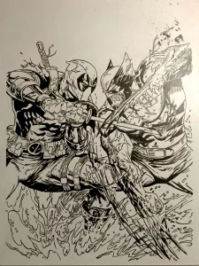 Cuadro en blanco y negro de Deadpool y Lobezno enfrentándose en una escena de combate inspirada en los cómics.