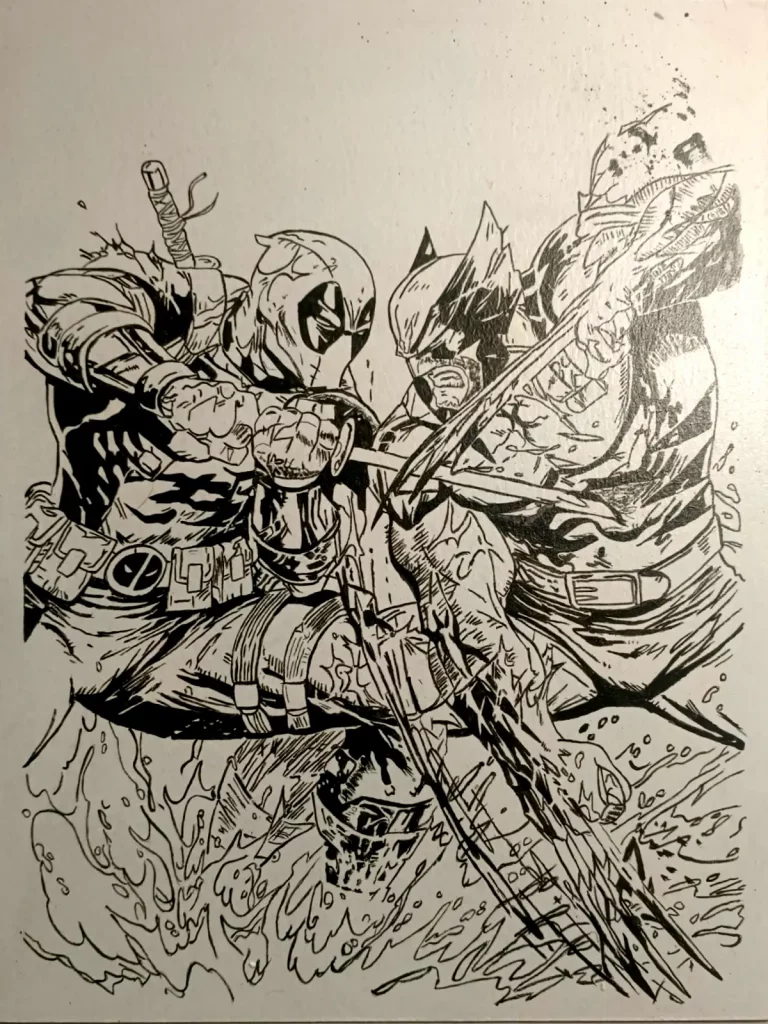 Cuadro en blanco y negro de Deadpool y Lobezno enfrentándose en una escena de combate inspirada en los cómics.