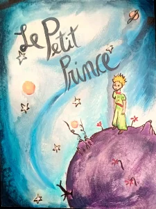 El Principito sobre su pequeño planeta rodeado de estrellas y colores suaves inspirados en el clásico de Antoine de Saint-Exupéry.