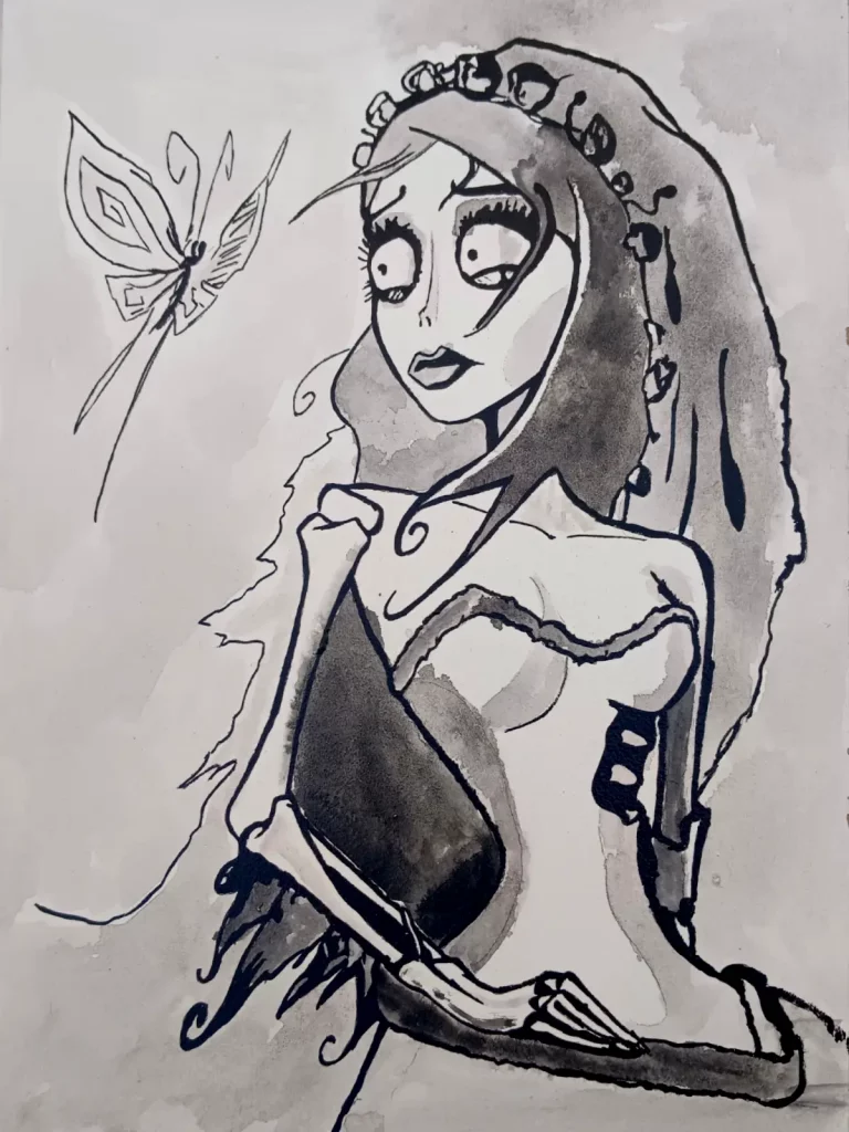 Emily de La Novia Cadáver en ilustración monocroma inspirada en el estilo de Tim Burton