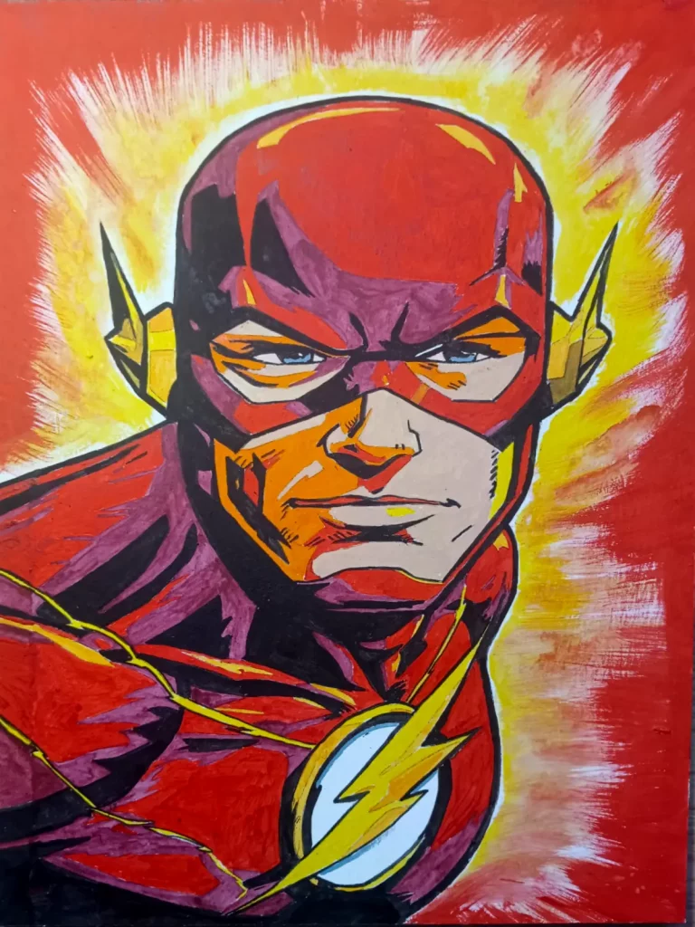 Cuadro de Flash con traje rojo y amarillo en estilo cómic, sobre fondo de energía luminosa.
