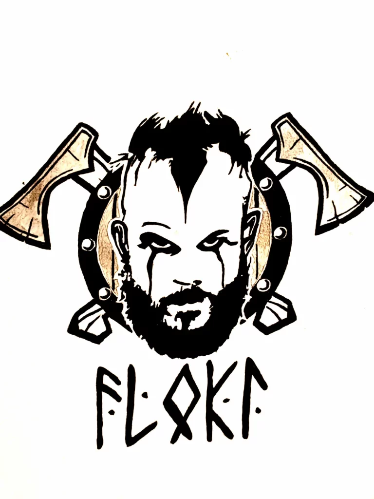 Retrato de Floki de Vikingos en blanco y negro con hachas cruzadas y símbolos rúnicos.