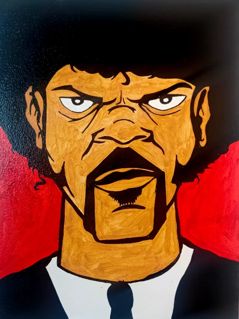 Cuadro de Jules Winnfield, personaje de Pulp Fiction, con fondo rojo y estética de cómic de alto contraste.