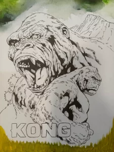 King Kong rugiendo junto a otro gorila sobre fondo selvático inspirado en el clásico monstruo cinematográfico.