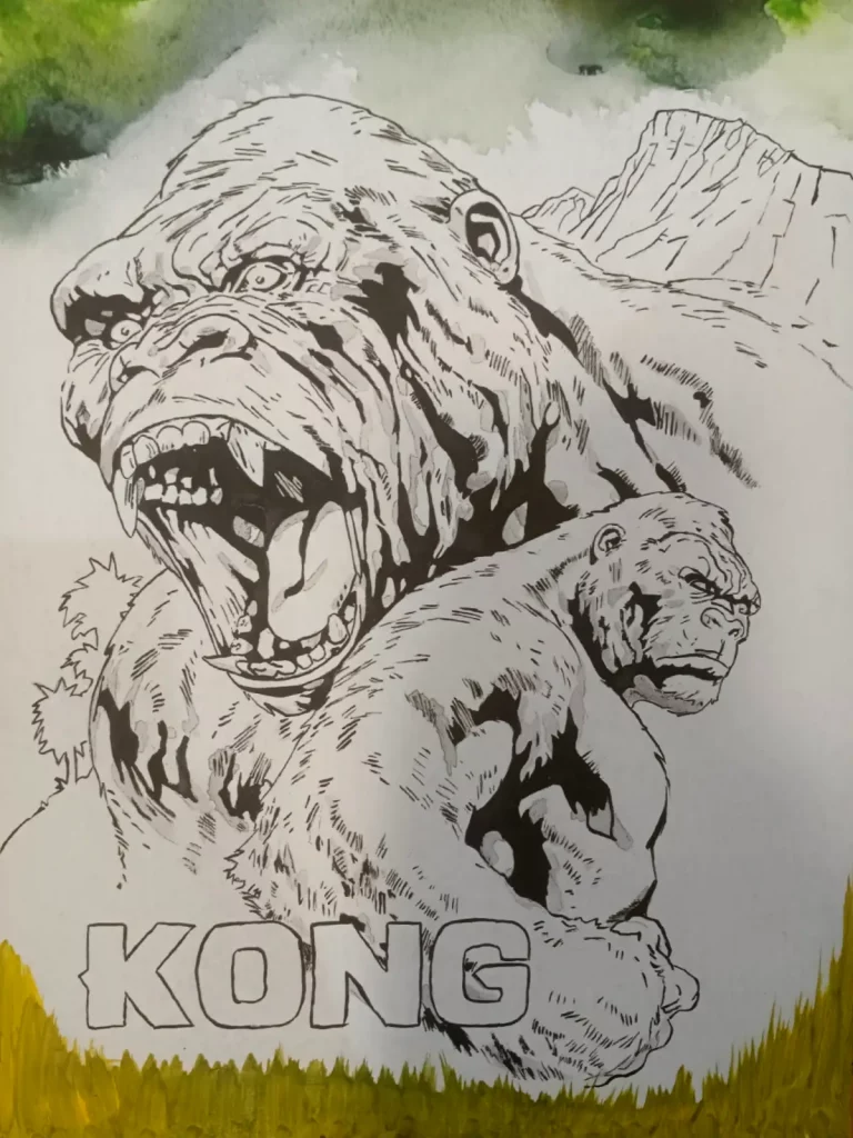 King Kong rugiendo junto a otro gorila sobre fondo selvático inspirado en el clásico monstruo cinematográfico.