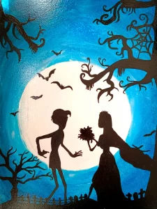 Siluetas de Víctor y Emily bajo la luna llena en una escena inspirada en La Novia Cadáver.