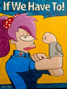 Leela de Futurama en pose de fuerza inspirada en el cartel de Rosie the Riveter sobre fondo amarillo.