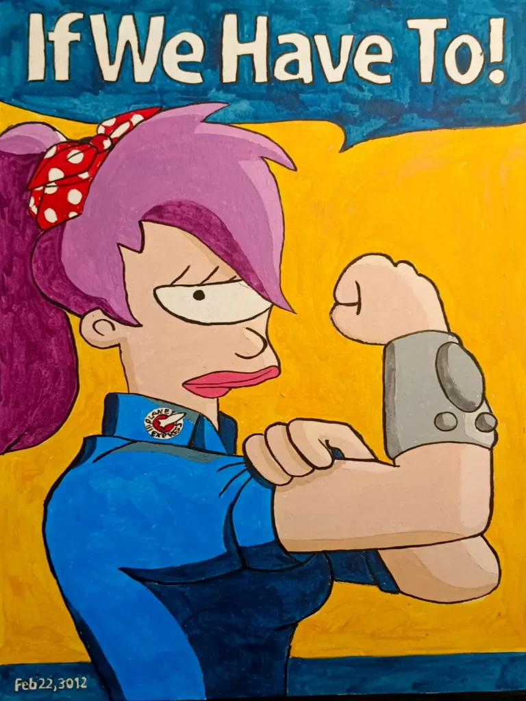 Leela de Futurama en pose de fuerza inspirada en el cartel de Rosie the Riveter sobre fondo amarillo.