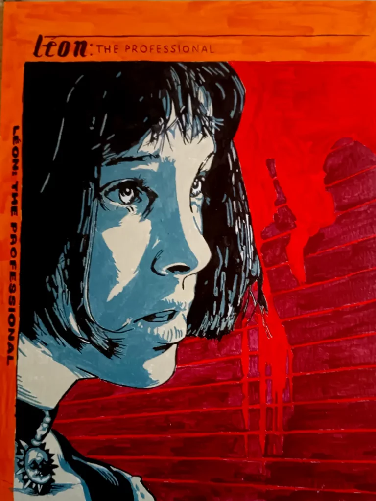 Mathilda inspirada en la película Léon: El Profesional con silueta de Léon al fondo