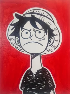 Retrato minimalista de Monkey D. Luffy con sombrero de paja sobre fondo rojo