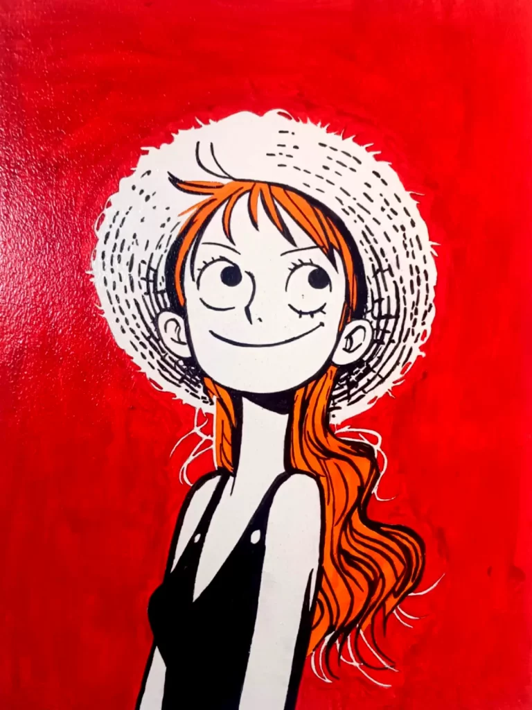 Cuadro de Nami, personaje de One Piece, con sombrero de paja sobre fondo rojo intenso.